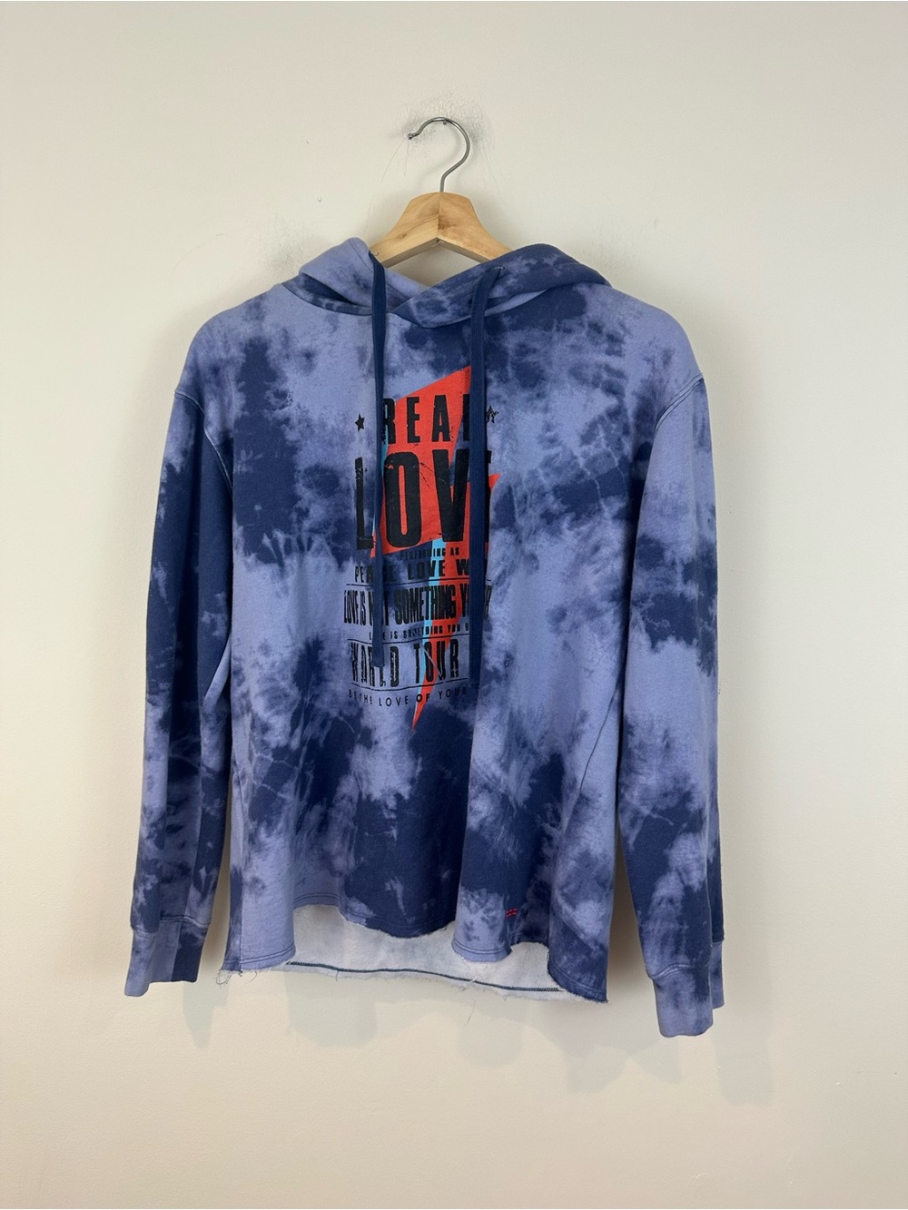 Peace Love World Tie-Dye Blue Graphic Hoodie Real Love World Tour Size Small